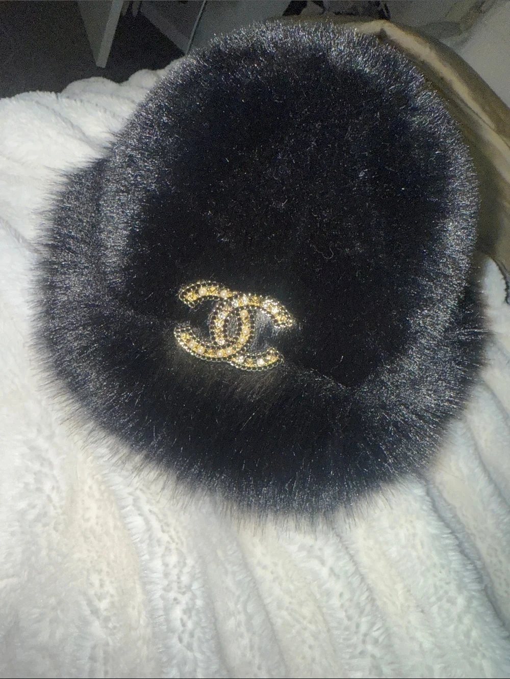 Black Fur Hat with Gold Chain CC Emblem